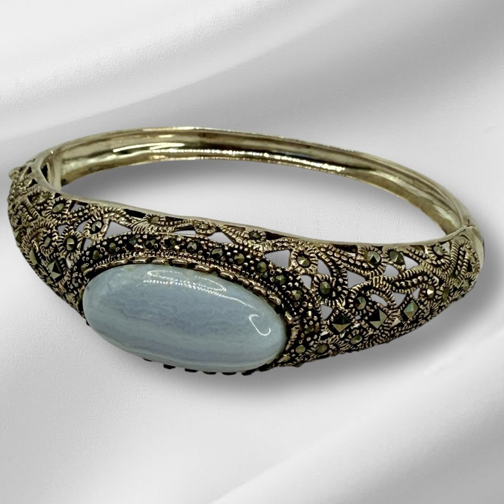 Vintage Sterling Silver Marcasite & Blue Lace Agate Hinged Bangle Bracelet 6.5-7 - Picture 4 of 17